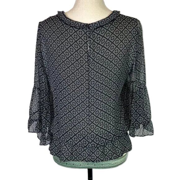 Kobi Halperin Silk Diamond Print Sheer Blouse Bell Sleeves Size M - Picture 3 of 10